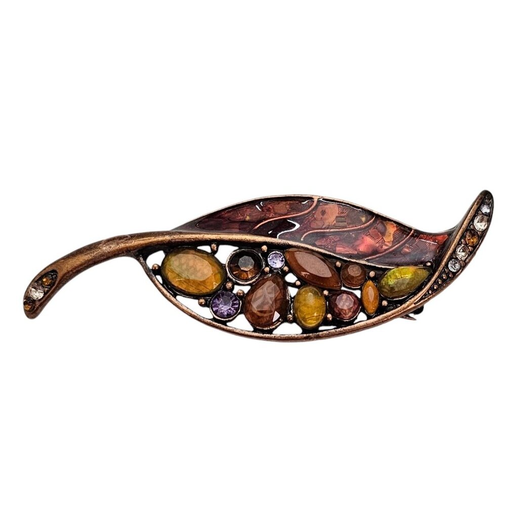 Liz Claiborne Red Enamel Gold Resin Rhinestone Fall Autumn Leaf Brooch, L442